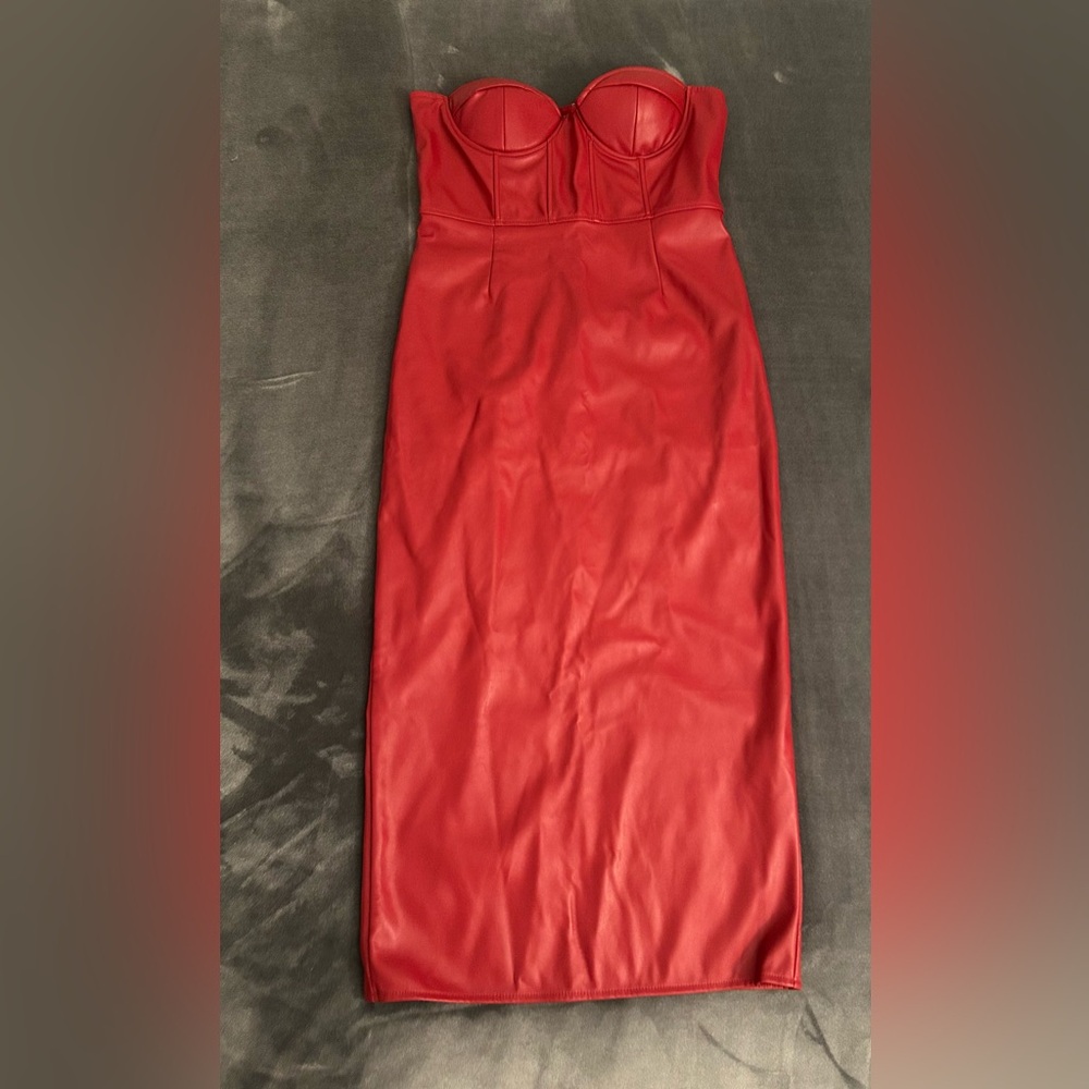 Red faux leather dress